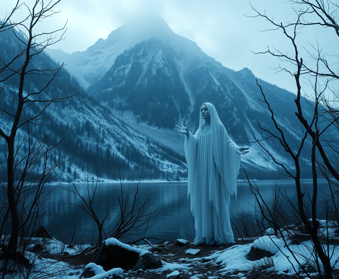 Fantasma de inverno ao lado de uma montanha solitária em estilo popsurrealista