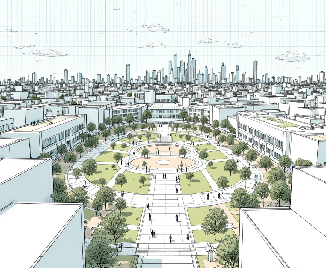 Vue aérienne d’une place de ville moderne et de son parc – illustration