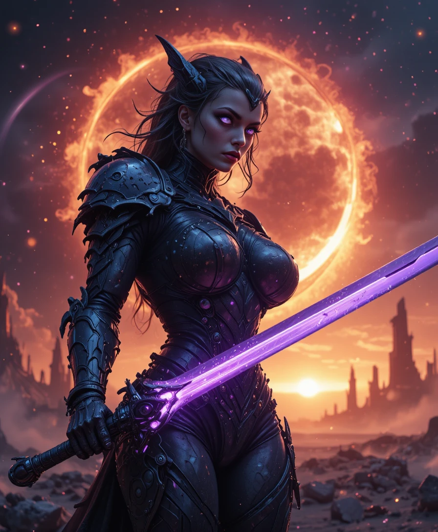 Paladina sombria com lâmina rúnica violeta em um eclipse alienígena