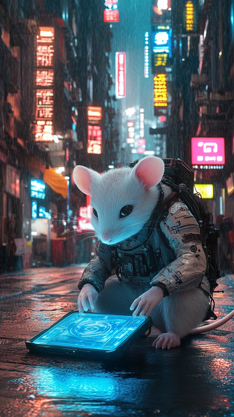 Rato cyberpunk hackeando em uma rua neon da cidade