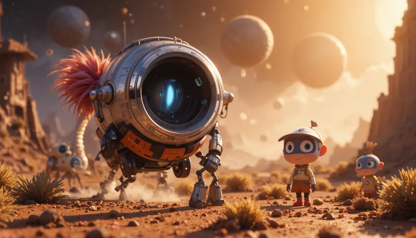 Giovane ragazzo esplora un selvaggio pianeta alieno con compagno robot