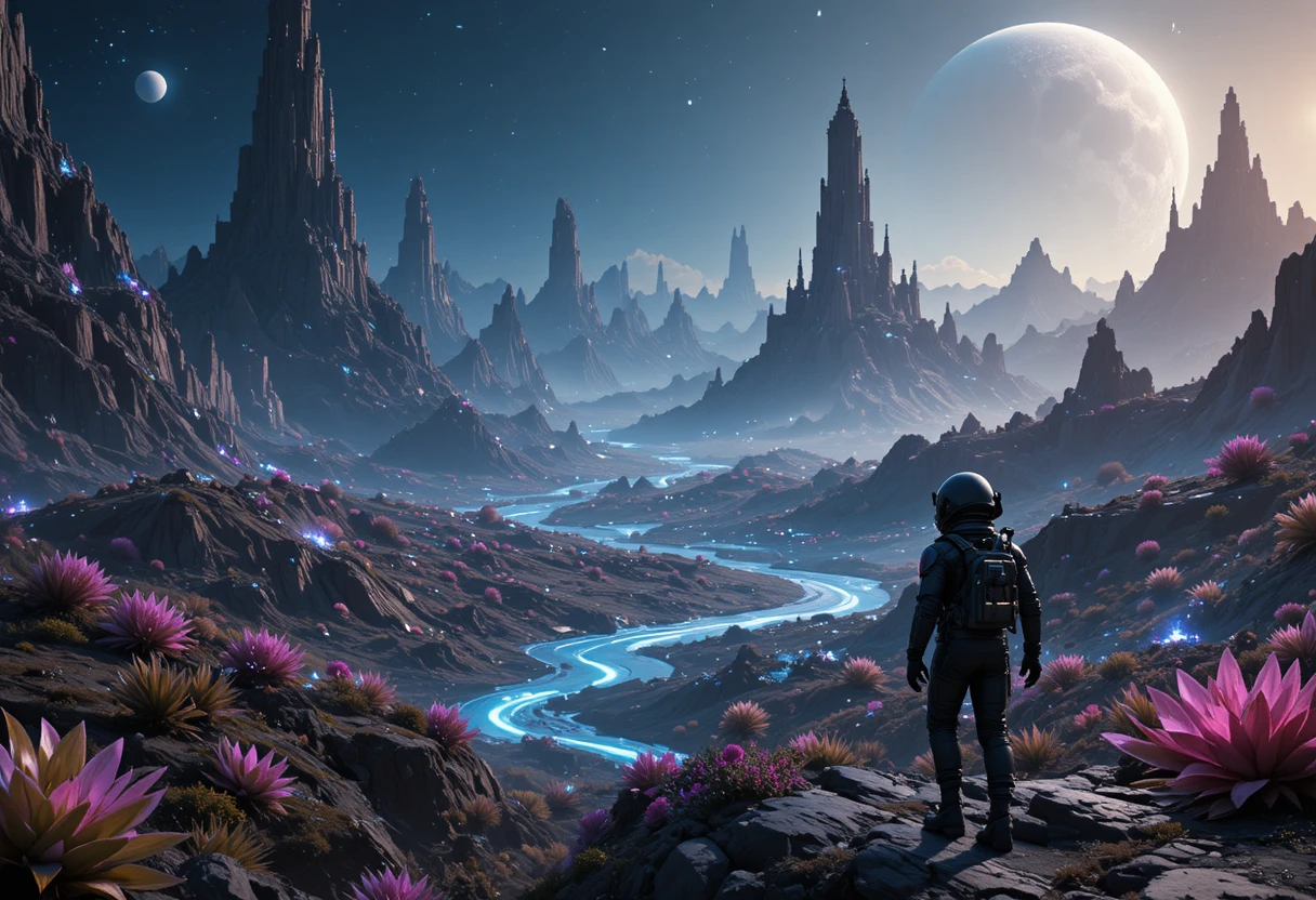 探索發光植物與河流的外星行星的太空人