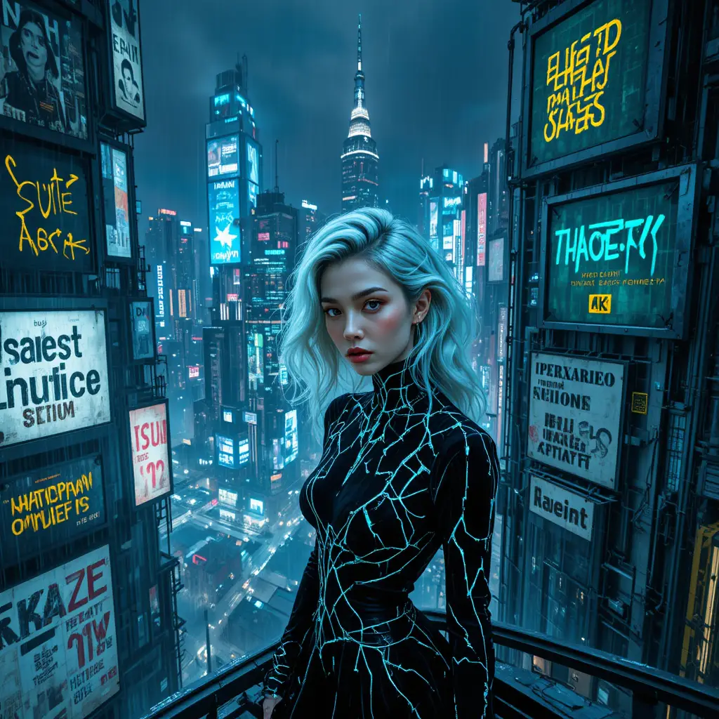 Donna di alta moda su torre futuristica sopra città al neon