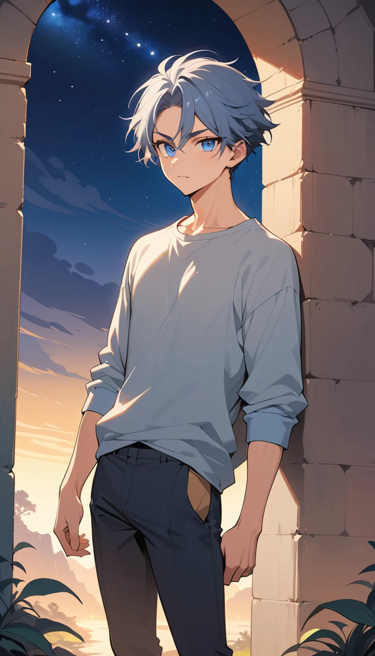 星空の山々に立つ青髪のアニメ風男性