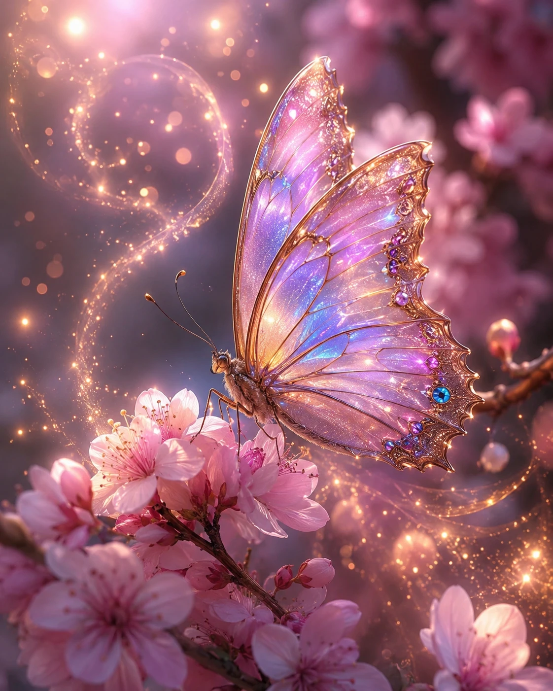 Flores delicadas e borboleta cintilante em calma mágica