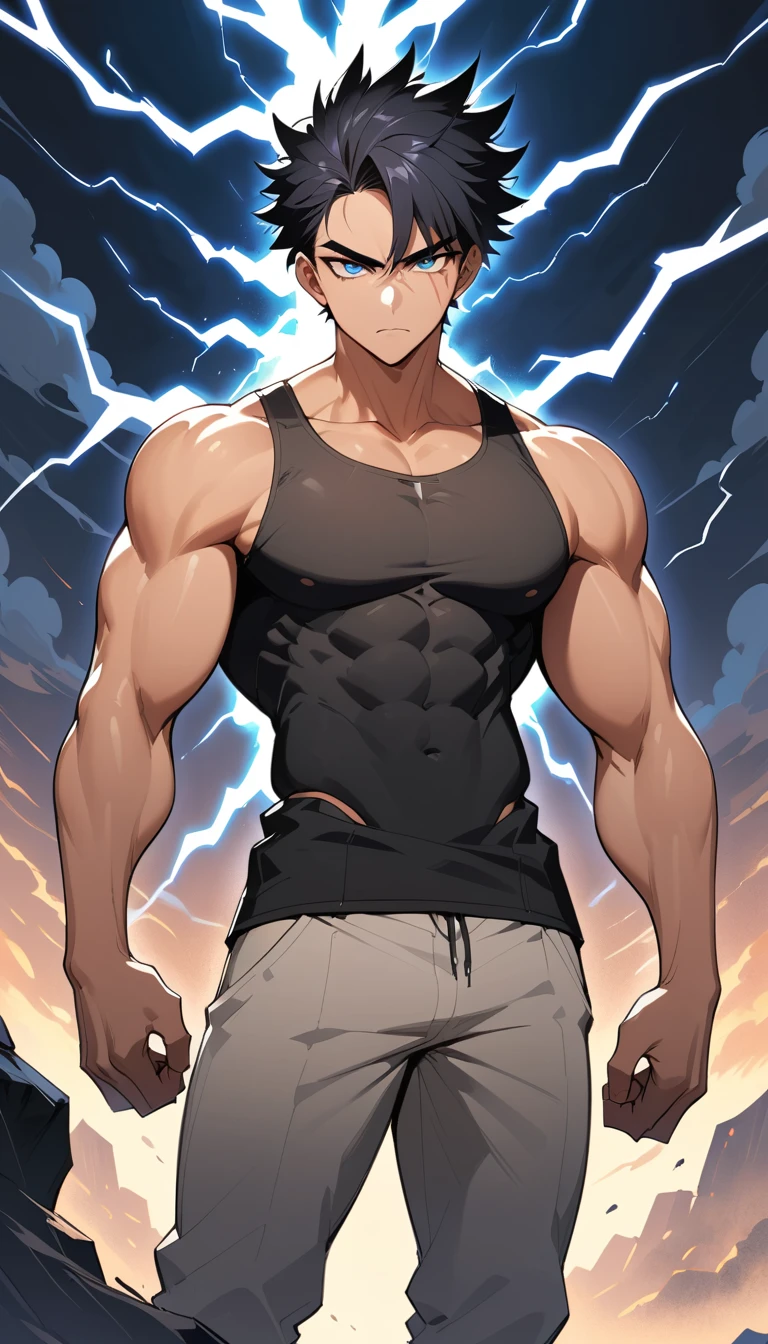 Homem musculoso intenso sob céu tempestuoso em estilo manhwa