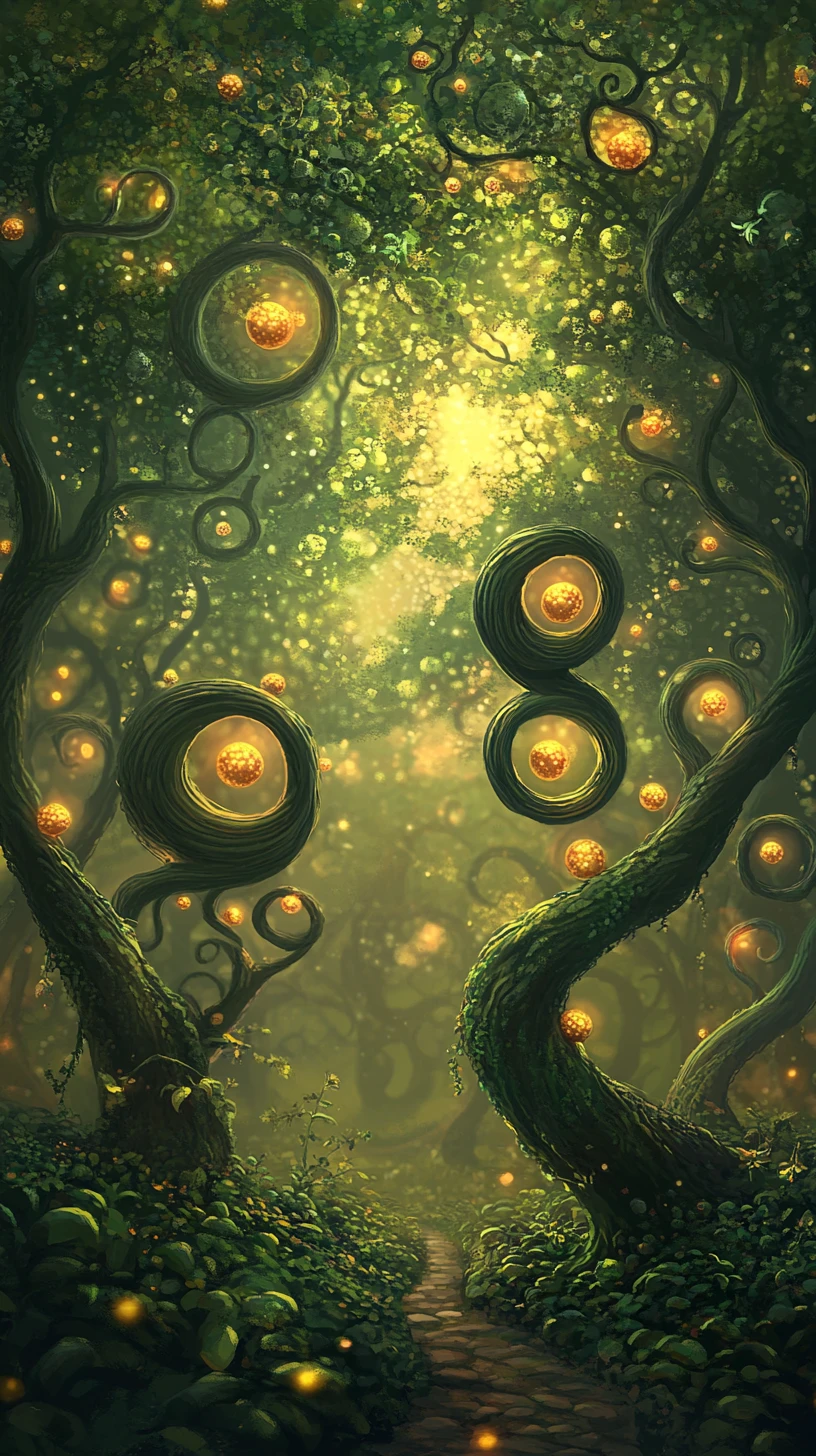 Árboles brillantes y surrealistas que se alzan en un paisaje tranquilo de ensueño