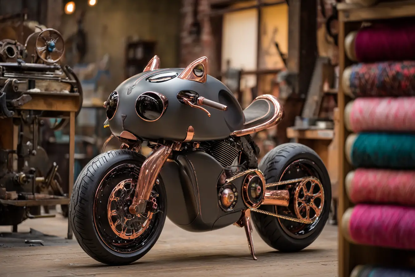 Moto personnalisée pour chat dans un atelier d’artisan chaleureux