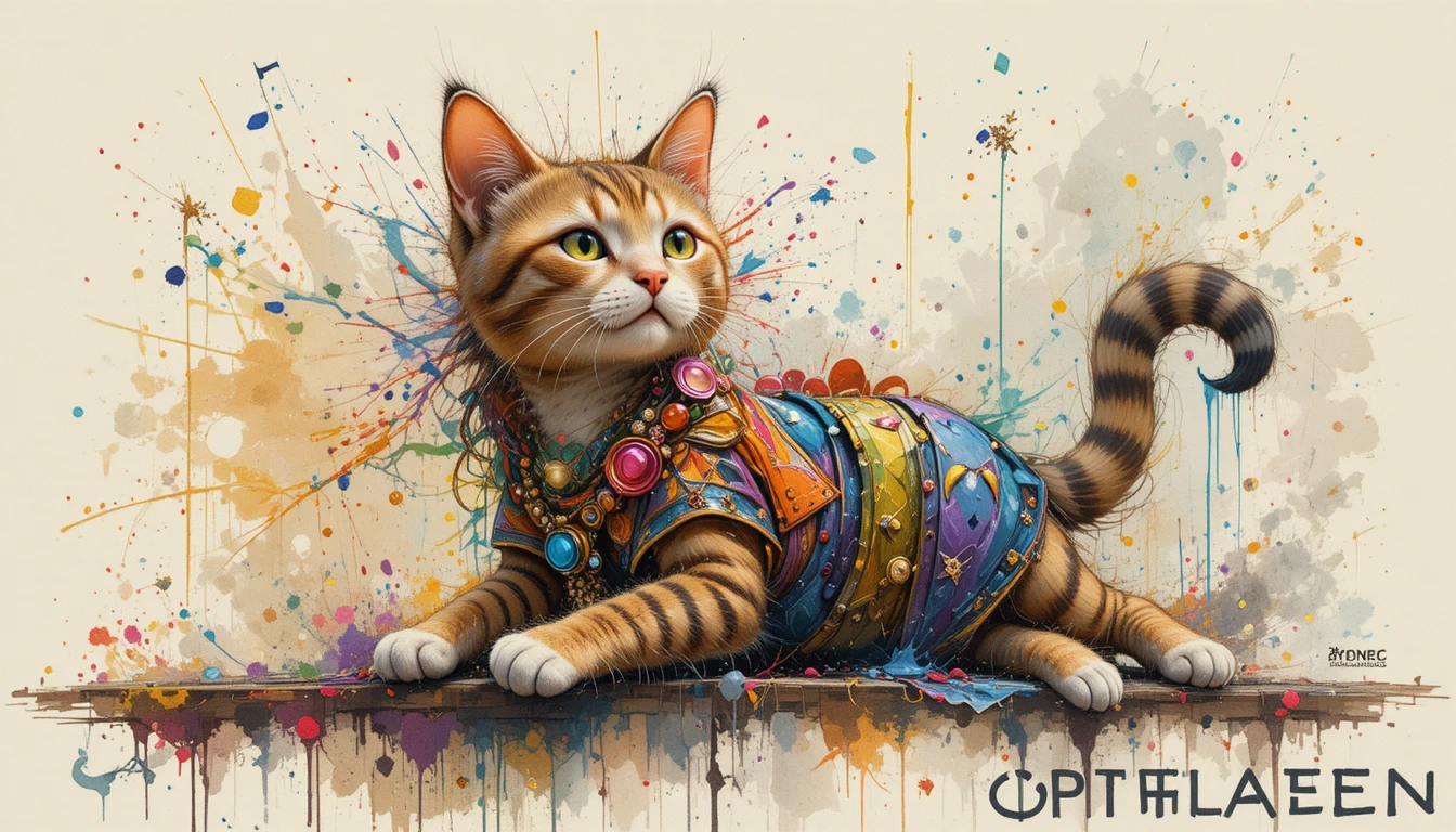 Chat hippie écoutant de la musique sur un trottoir coloré en ville