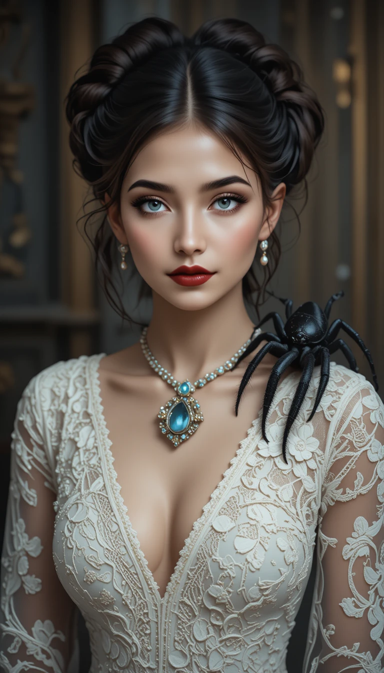 Portrait de mariée élégant avec une mygale sur l’épaule