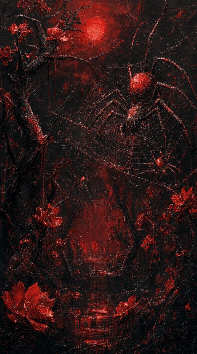 隠されたクモの木立を描いた混沌とした赤い抽象画