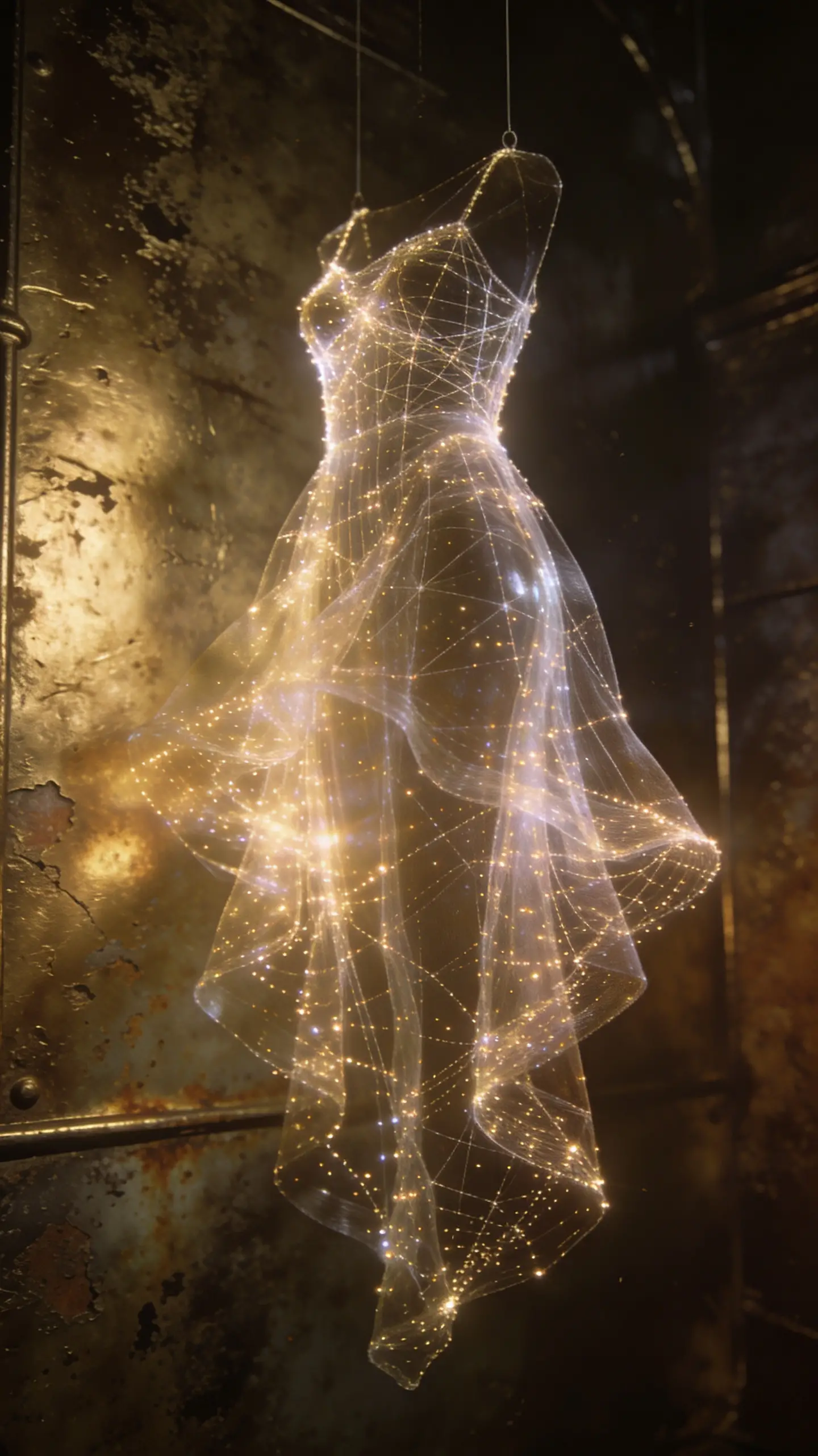 Holographic light particle dress floating against dark brass