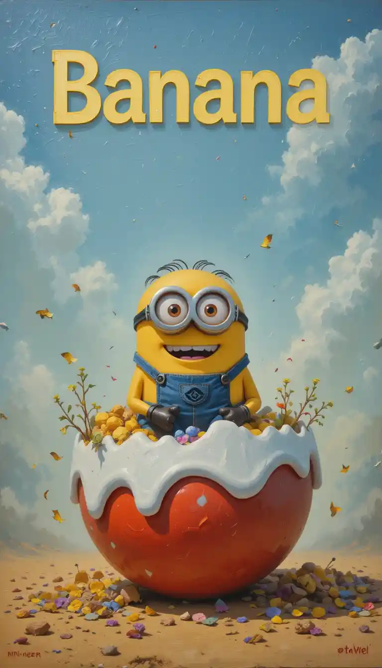 Créature cartoon assise à l’intérieur d’un œuf géant en bonbon