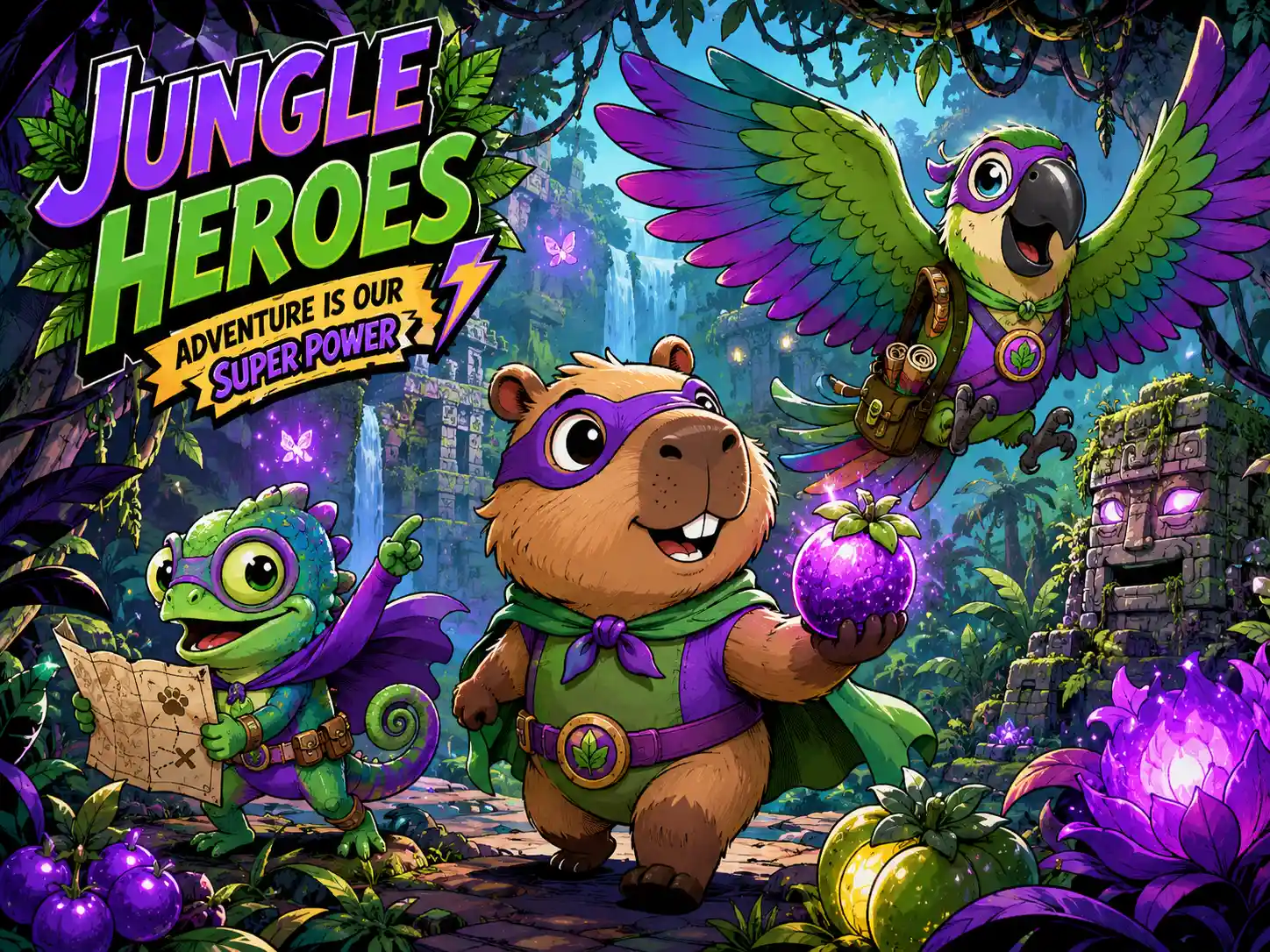 Dolci animali della giungla supereroi in una magica avventura