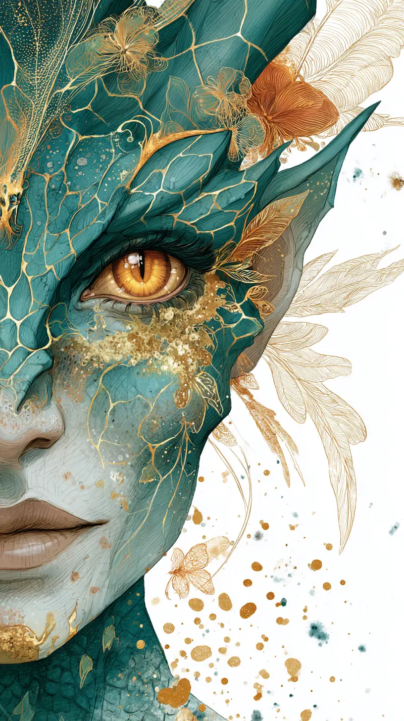 Dragon woman close up in watercolor and ink portrait
