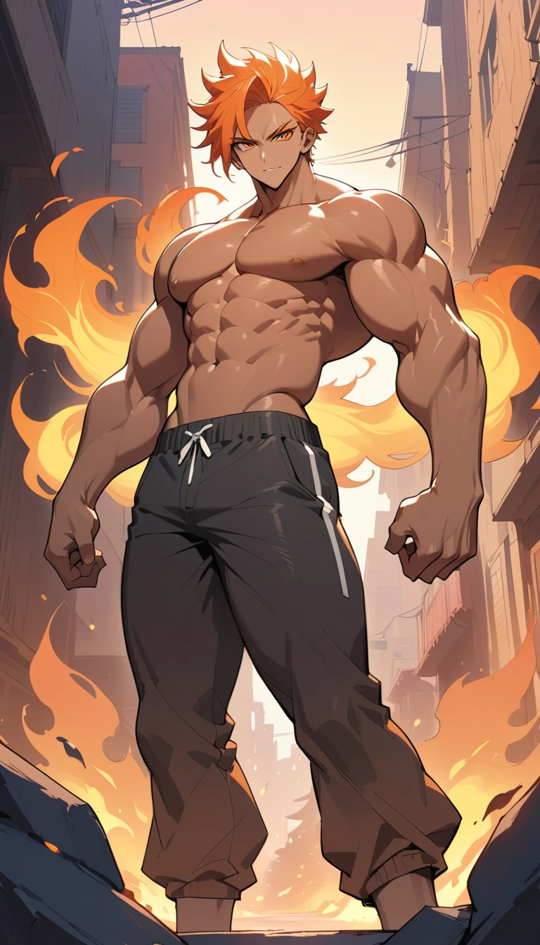 Homem de anime musculoso e confiante em pôr do sol flamejante