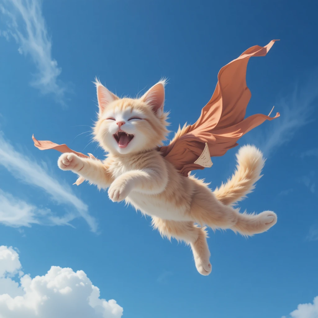 Gato voador alegre deslizando por um céu azul brilhante