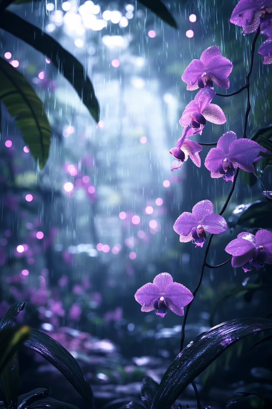 Orquídeas que brillan suavemente bajo la llovizna de una selva neblinosa