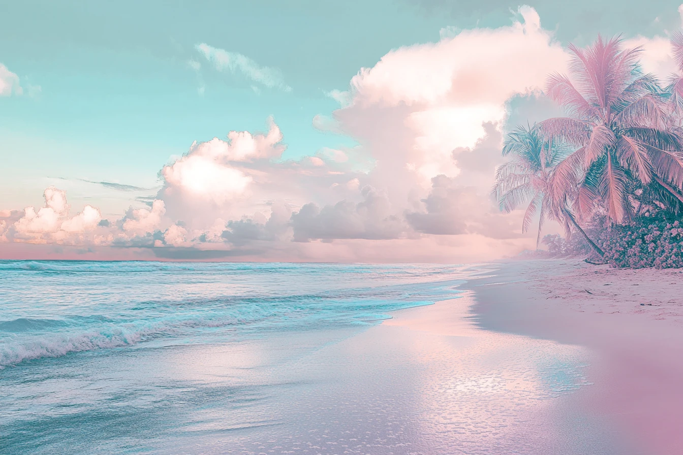 Surreal ruhige Strandkulisse in pastellfarbenen Metallic-Traumtönen