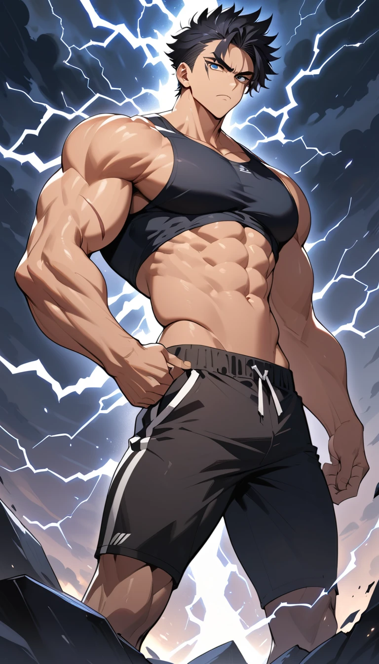 Homem de anime musculoso sob um céu tempestuoso