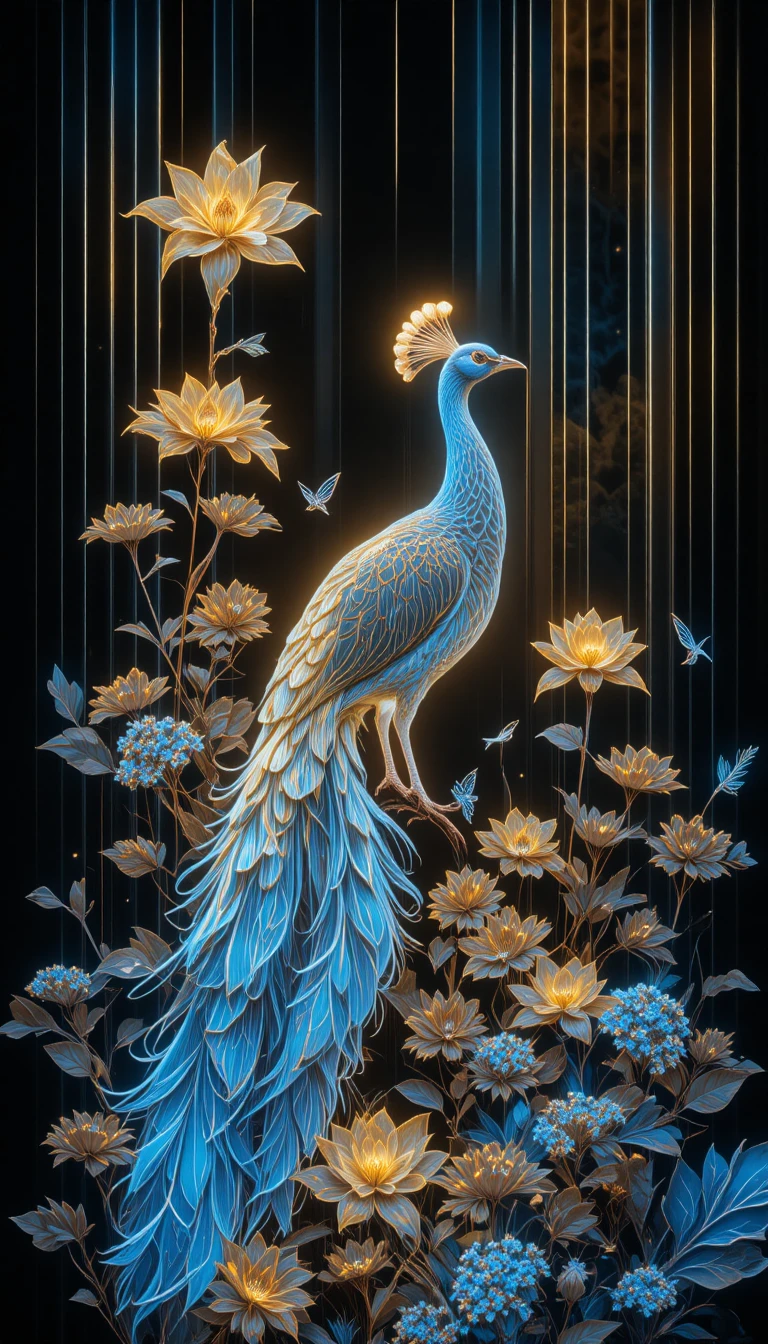 Pavão e plantas floridas em neon sobre fundo preto