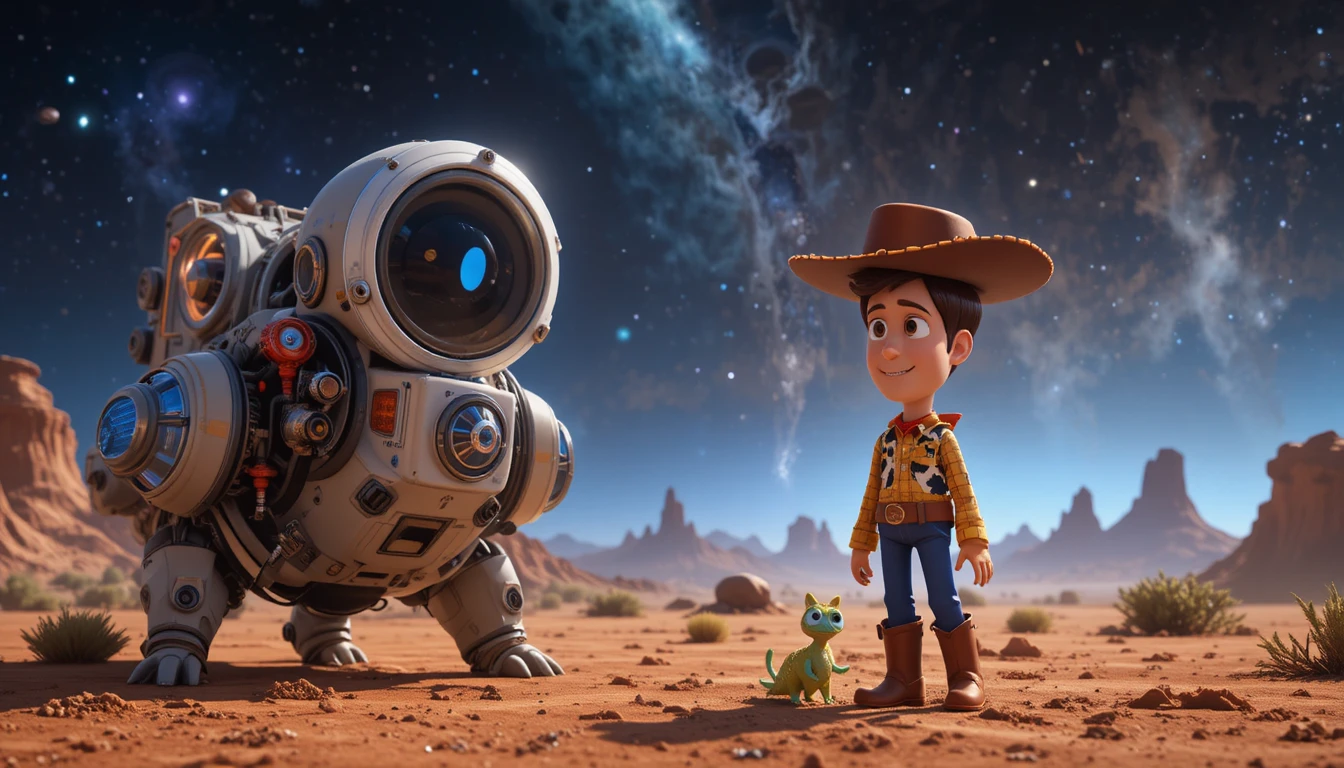 Garoto explorando um planeta alienígena selvagem com um robô
