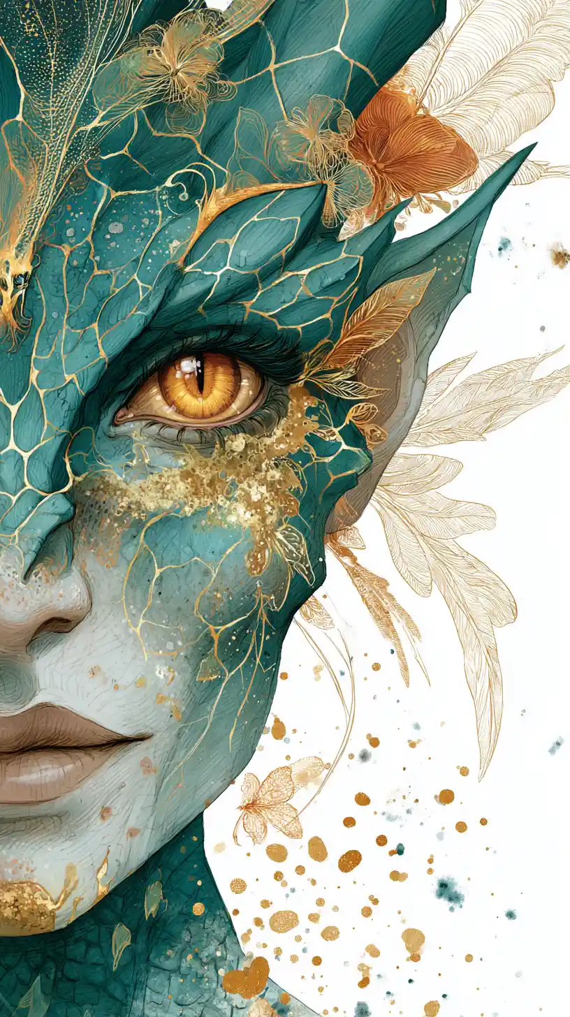Primo piano di donna drago in ritratto ad acquerello e inchiostro