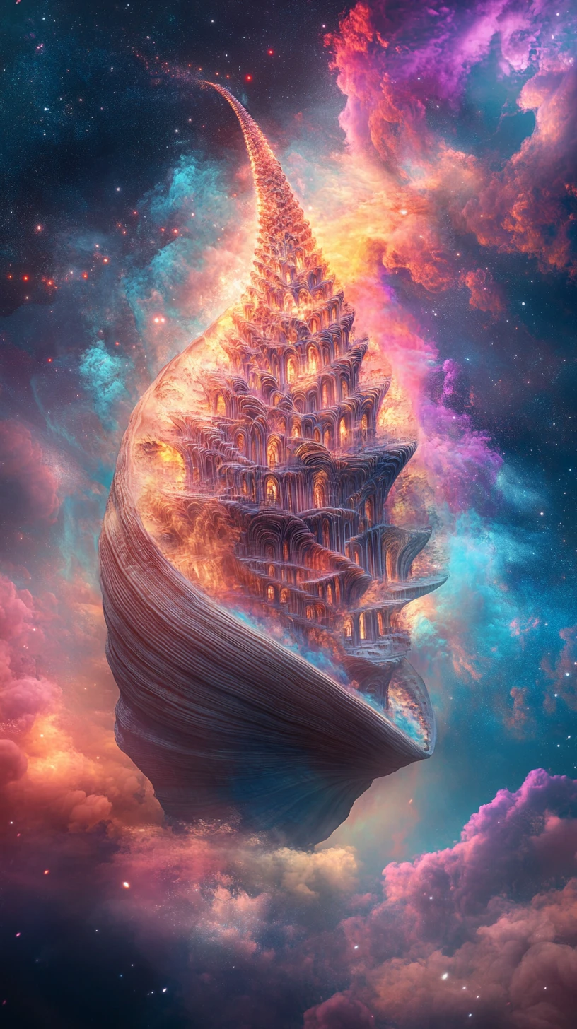Surreale Muschelkathedrale, leuchtend vor kosmischem Himmel