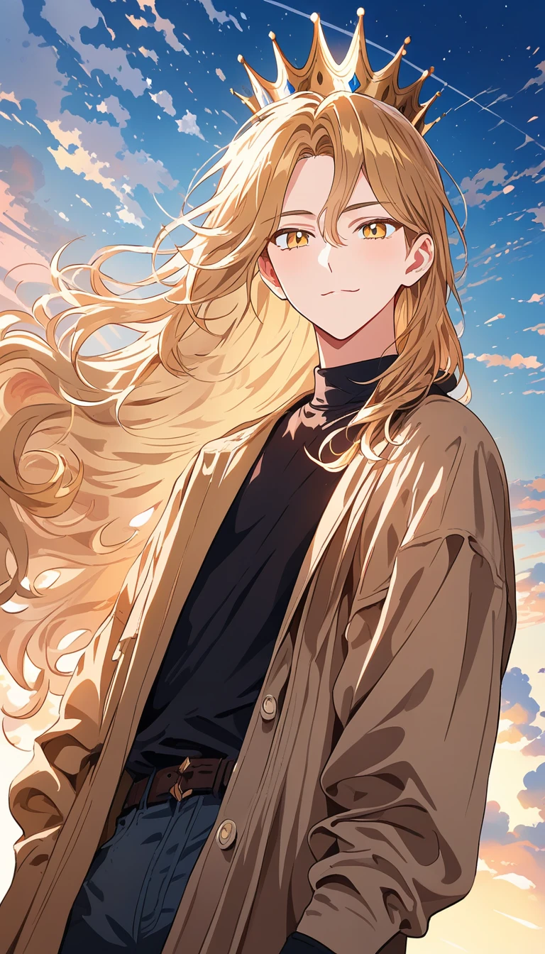 Homem loiro de anime em pé ao ar livre ao nascer do sol