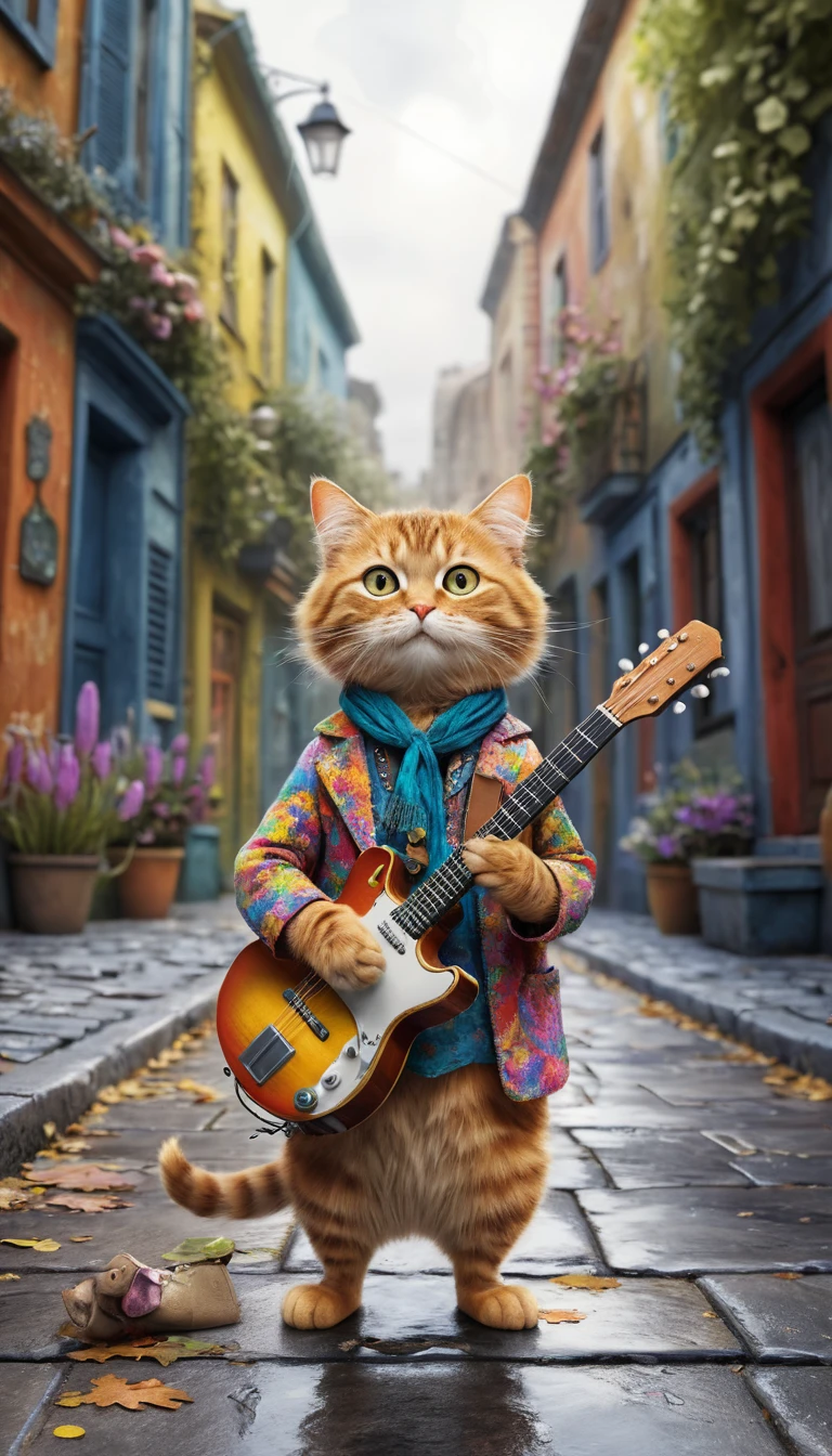 Gato hippie colorido escuchando música en una acera de la ciudad