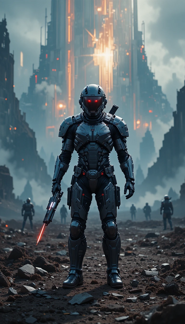 Soldado futurista blindado em campo de batalha sci-fi em colapso