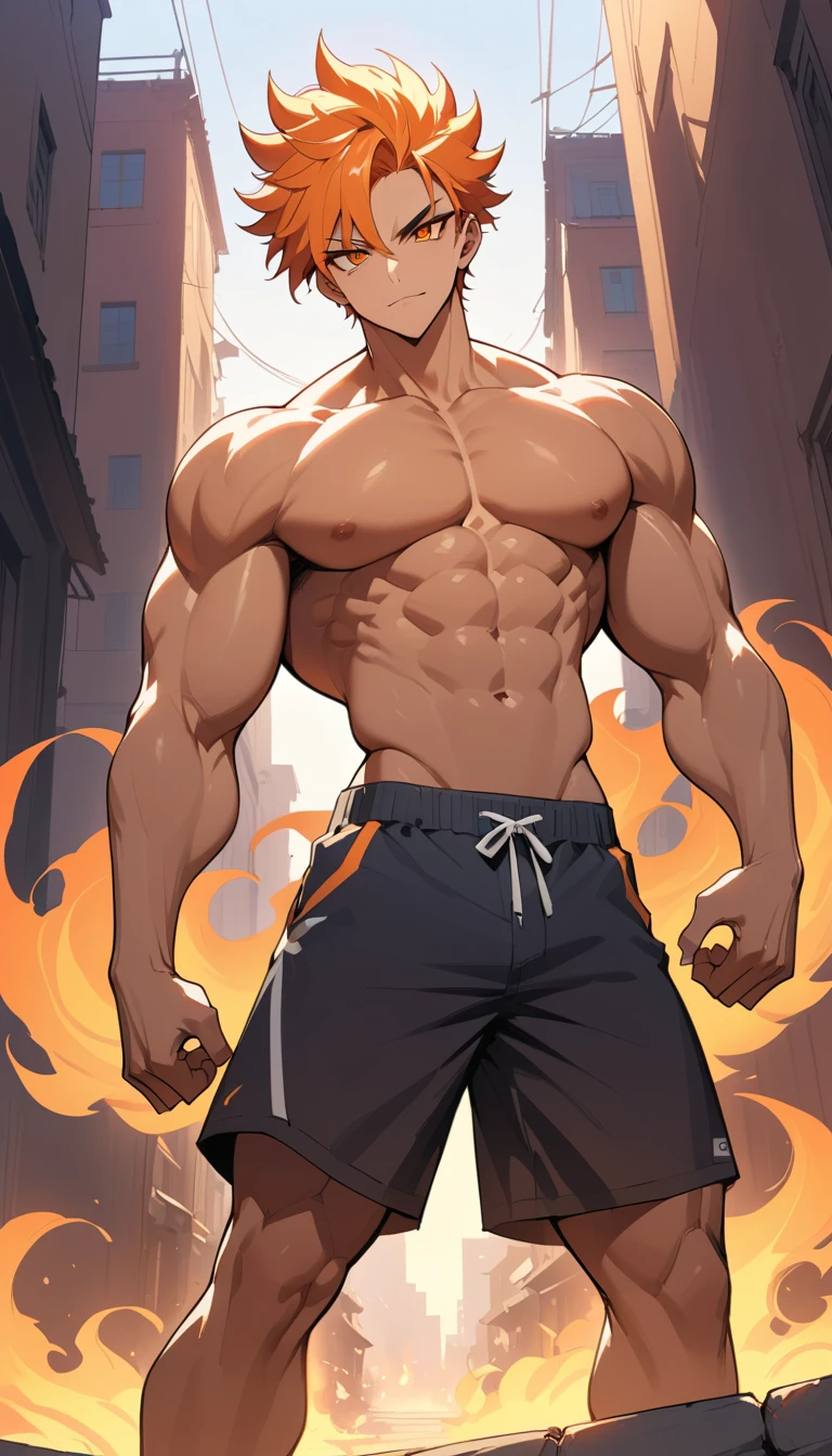自信滿滿的肌肉系動漫男子站在火紅夕陽街道上