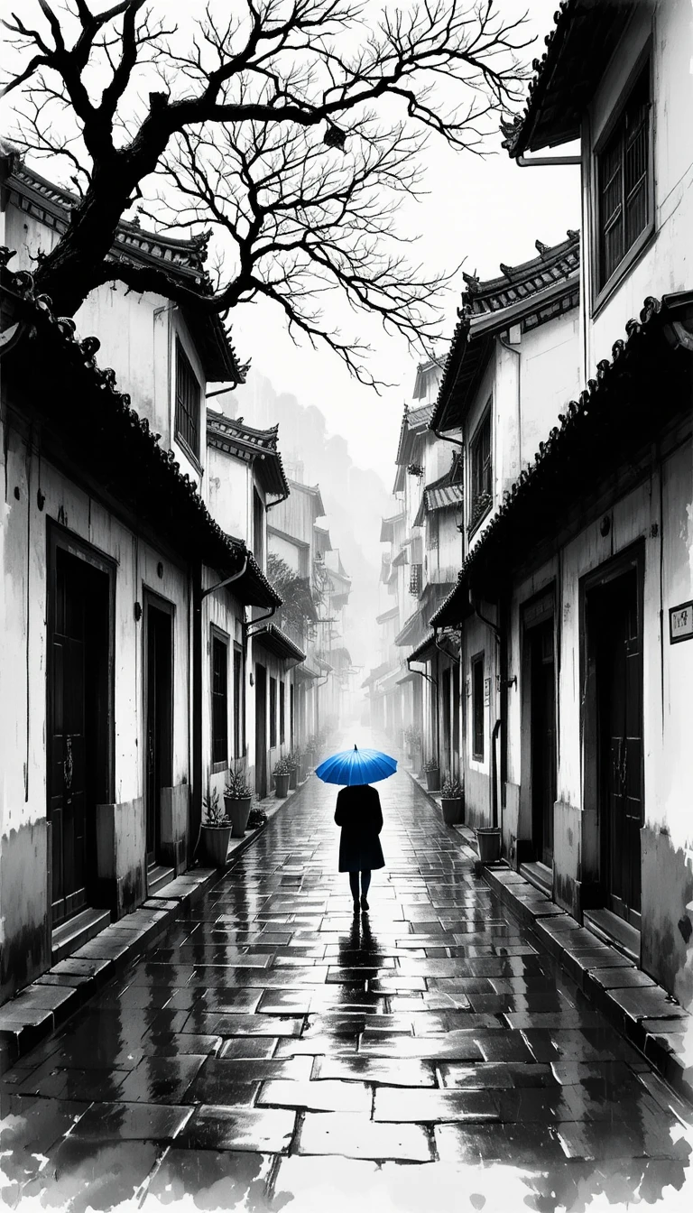 雨中水墨江南巷弄裡的孤獨身影