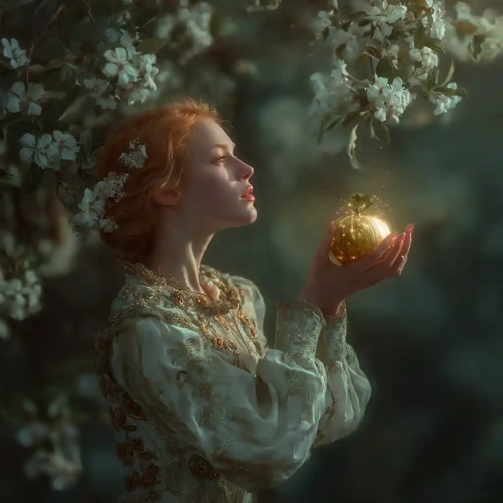 Mujer de inspiración nórdica ofreciendo una manzana dorada brillante