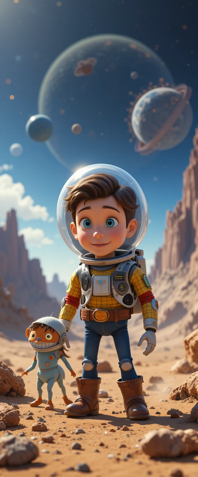 Garoto e robô explorando juntos um misterioso planeta alienígena