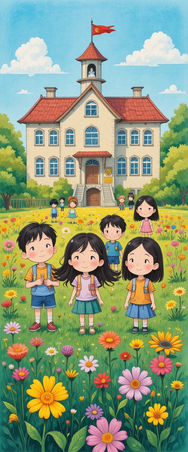 Illustrazione di bambini che giocano davanti a un colorato edificio scolastico