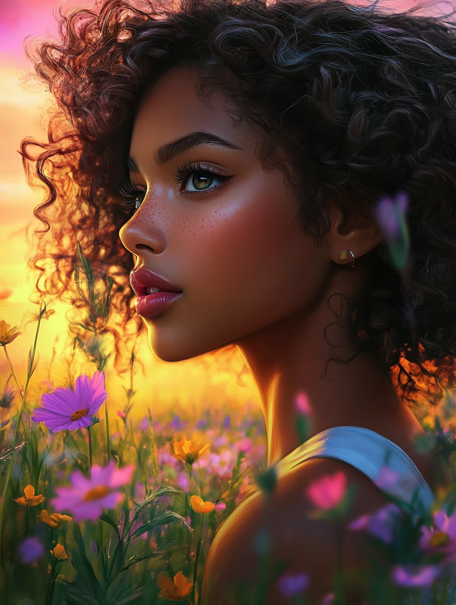夢のような色彩の夕暮れの野花畑に立つ少女