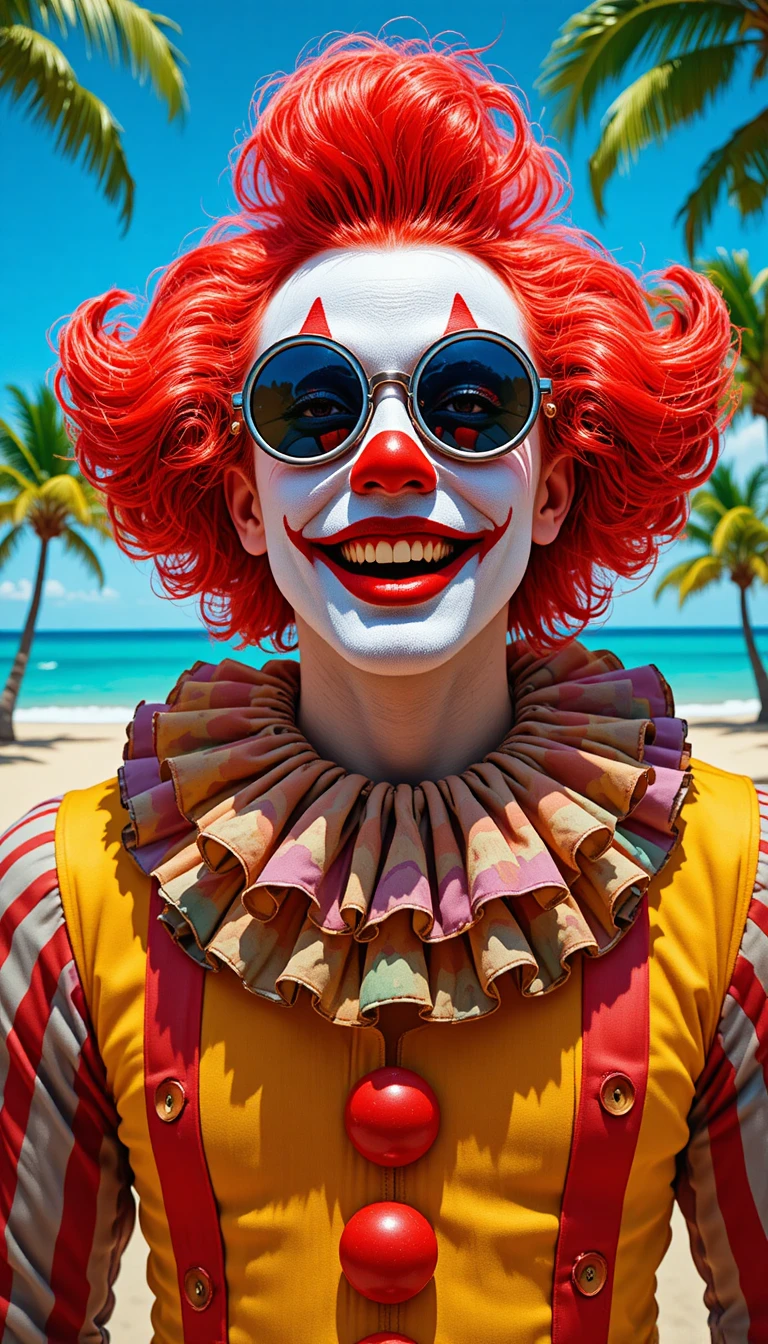 Retrato colorido de palhaço em uma praia tropical ensolarada