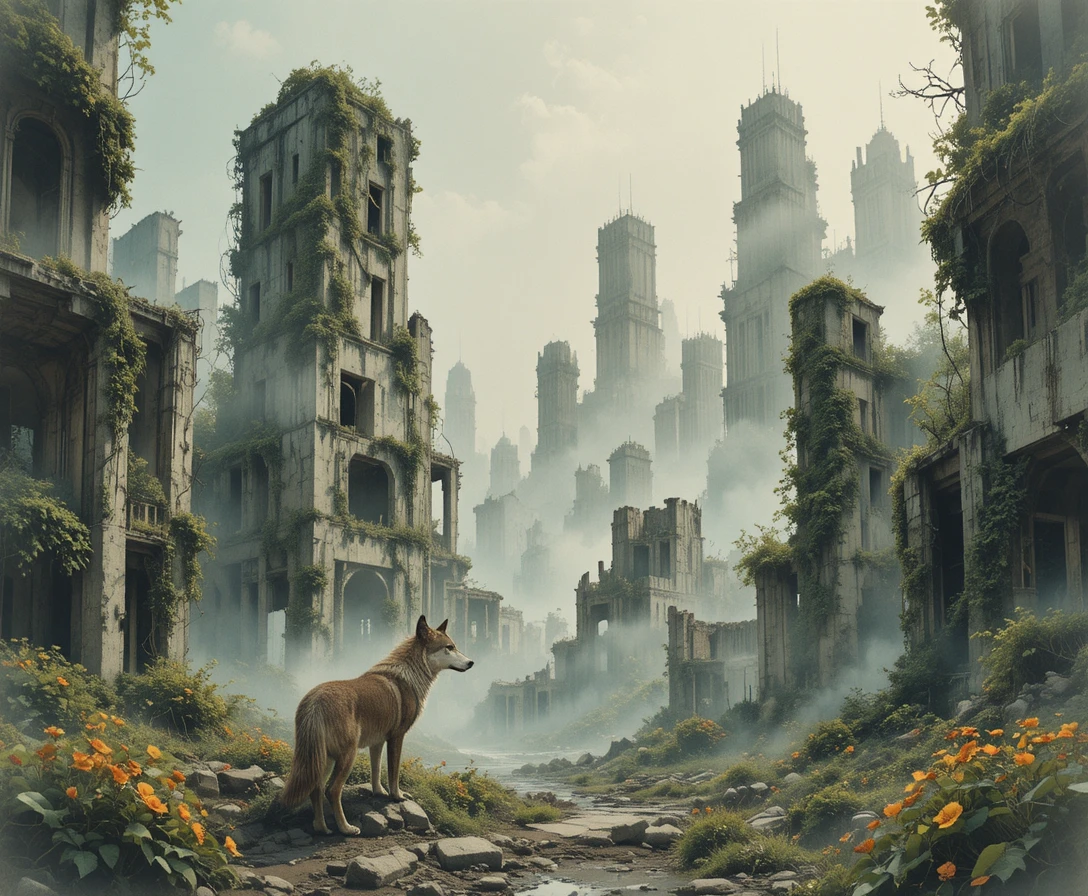 Lobo solitário em cidade arruinada coberta pela vegetação – cena em aquarela