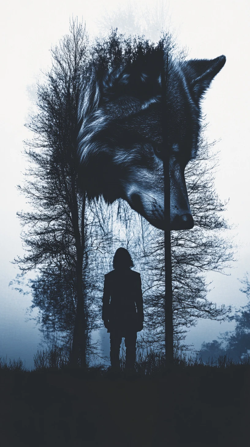 Silhueta surreal de lobo e humano dividida pelo crepúsculo da floresta