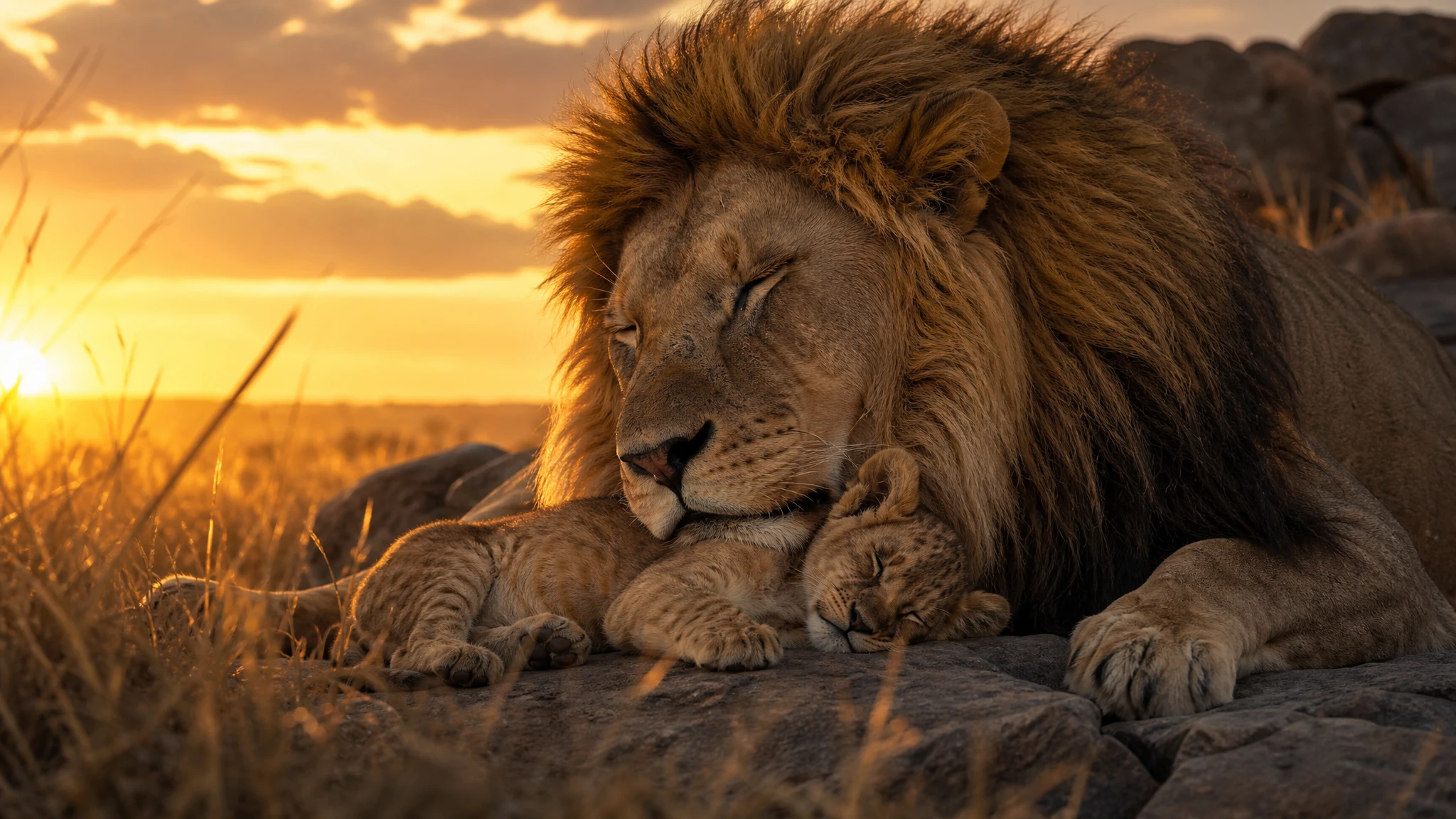 Leão descansando com filhote sobre rochas ensolaradas da savana africana