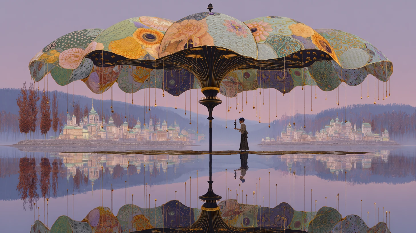 Surreal Patchwork Umbrella Floating Above Reflective Water