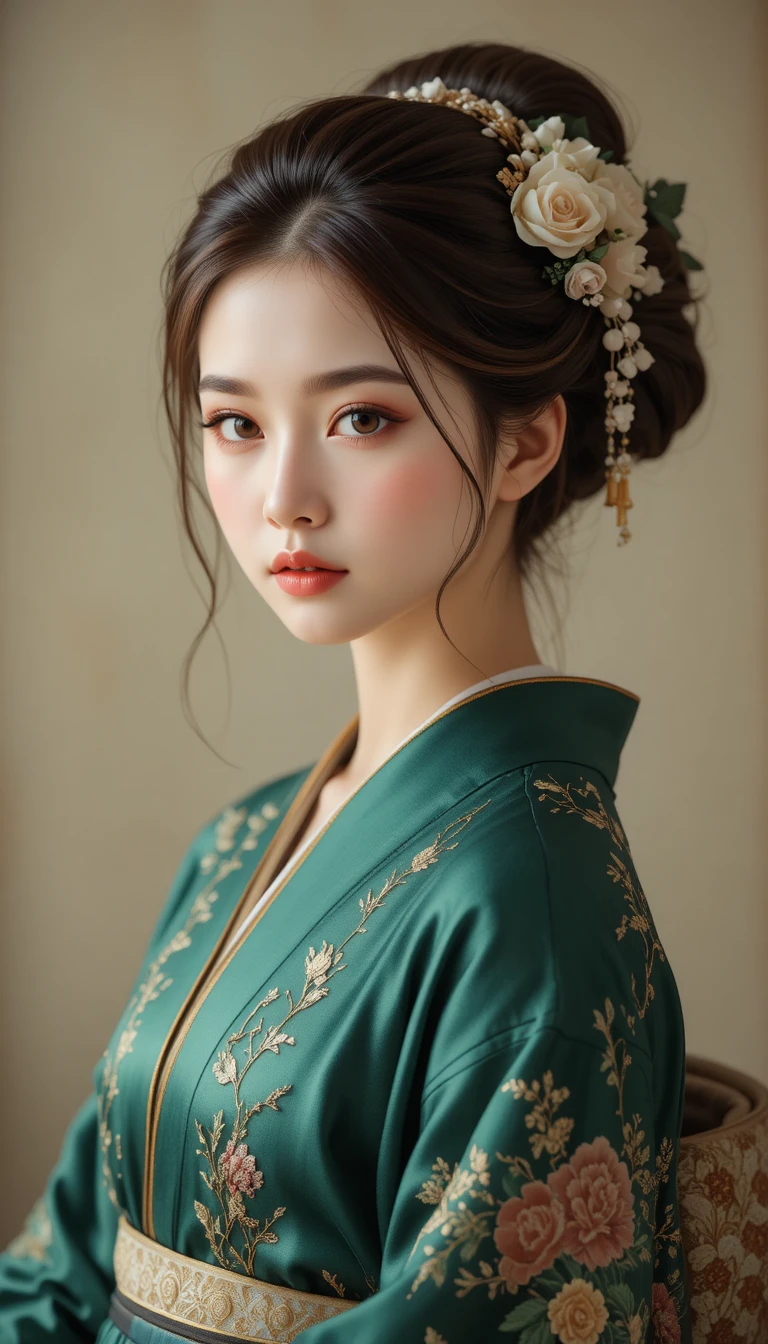 Retrato de menina fofa em quimono verde-esmeralda com flores