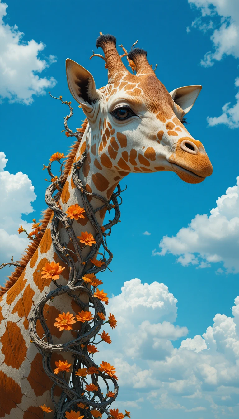 Testa di giraffa fiabesca contro cielo azzurro e nuvole
