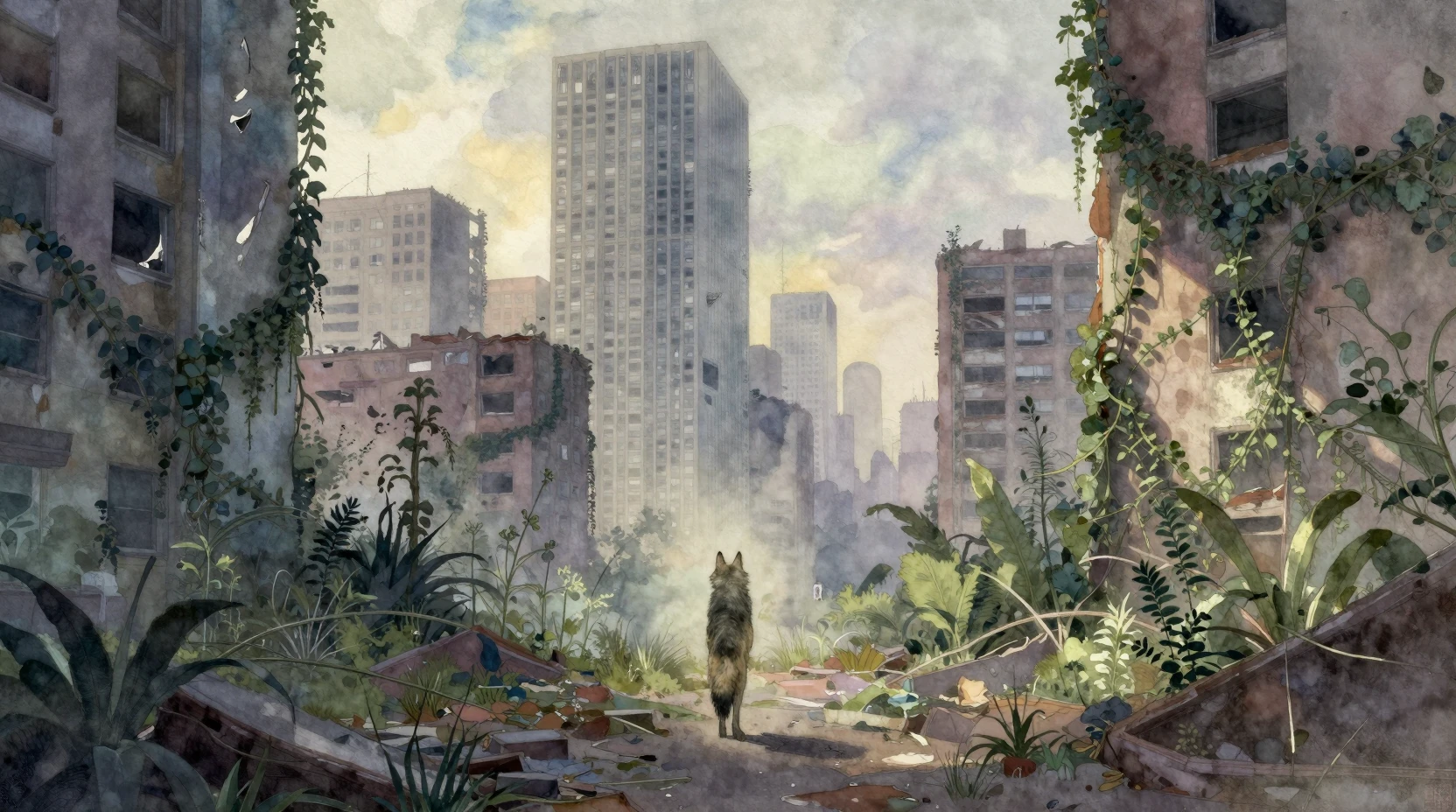 Lobo Solitário em Cidade Arruinada e Tomada pela Vegetação – Cena em Aquarela