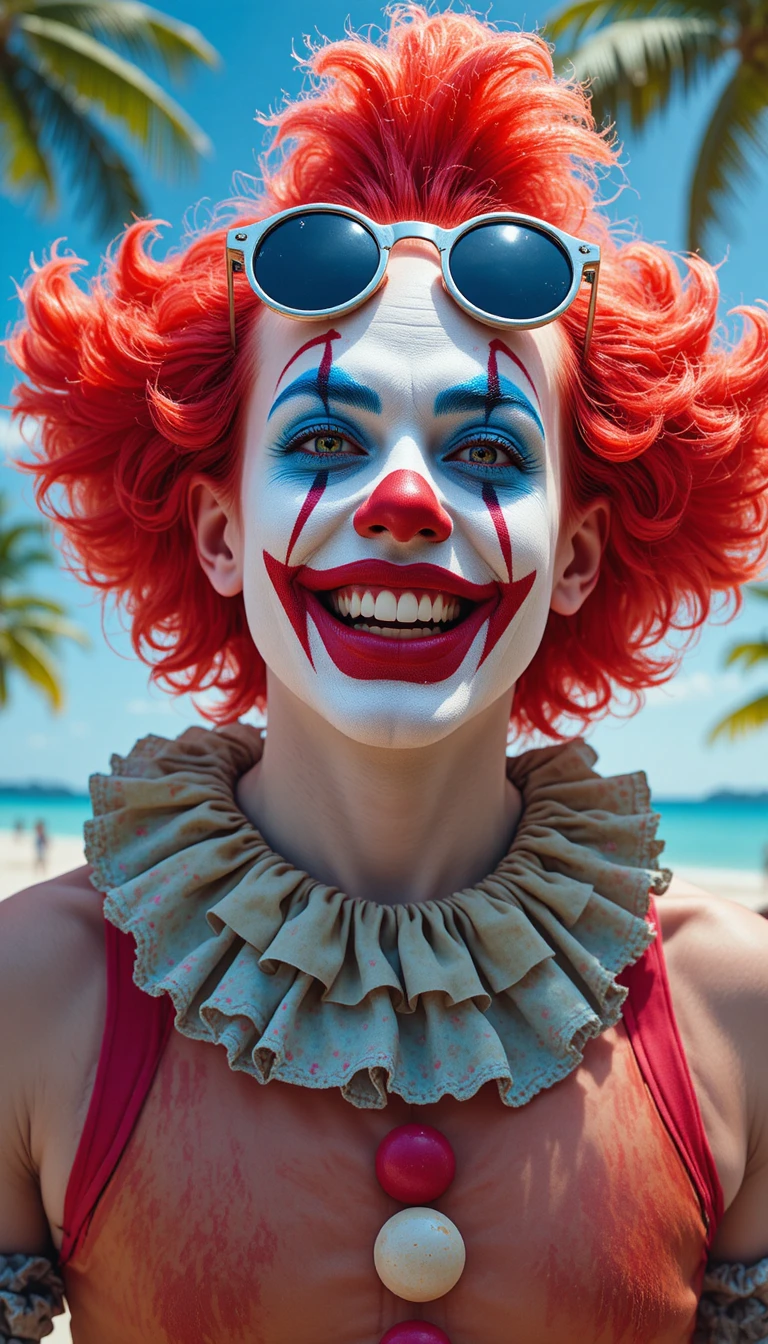Clown giocoso in primo piano su una soleggiata spiaggia tropicale