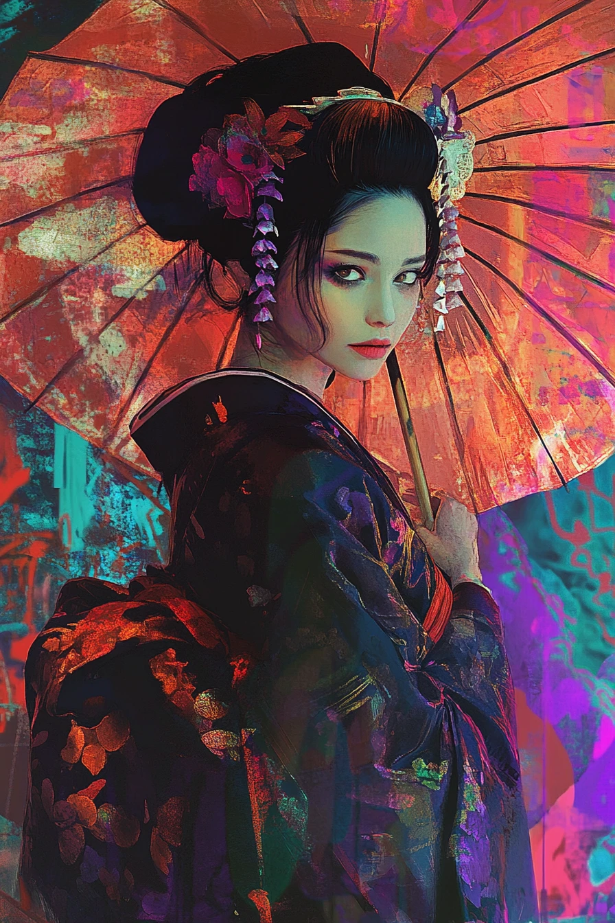 Supermodelo gueixa de inspiração barroca em estilo abstrato neon