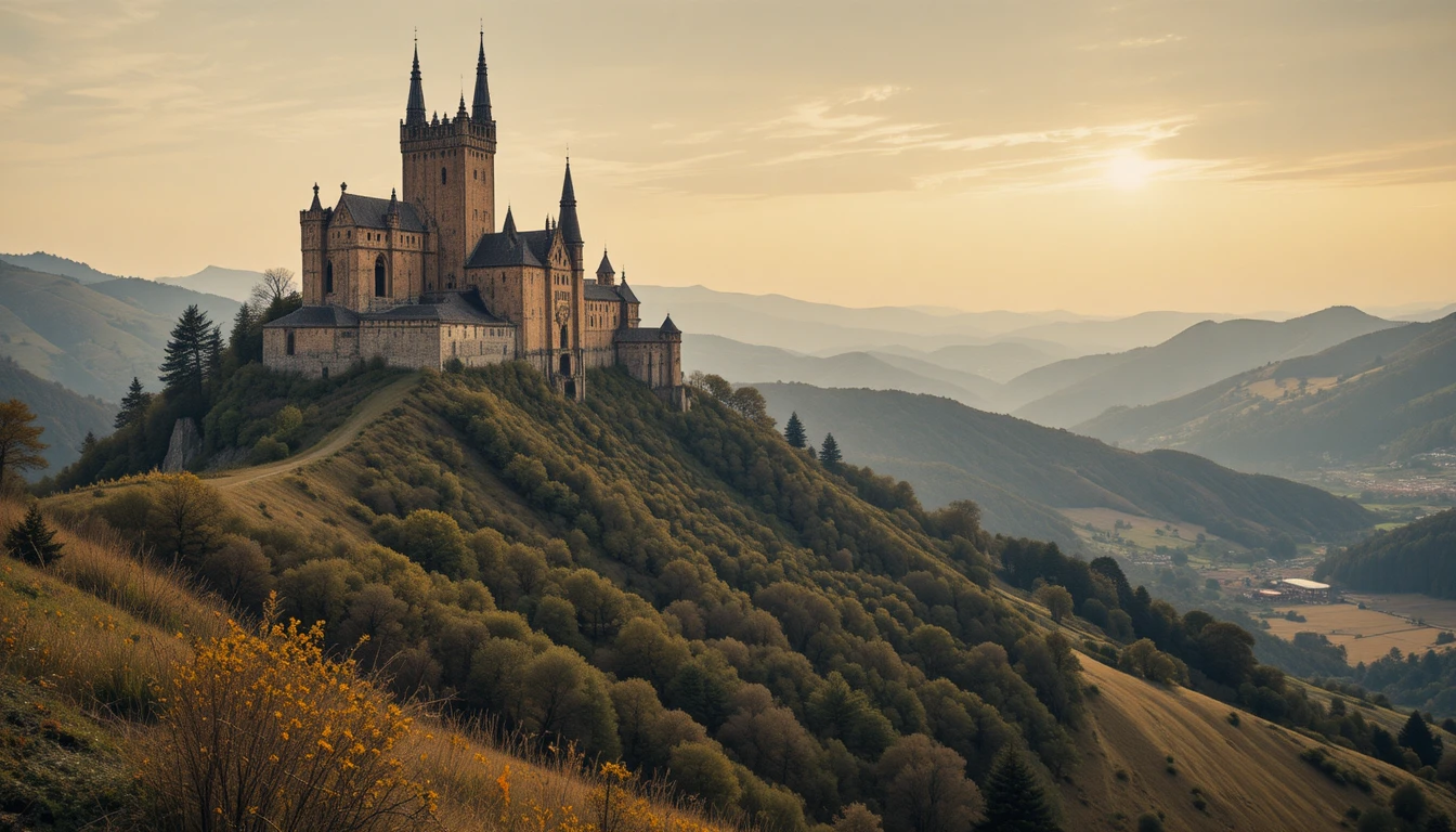 Gothic inspired structure in an abstract dawn landscape