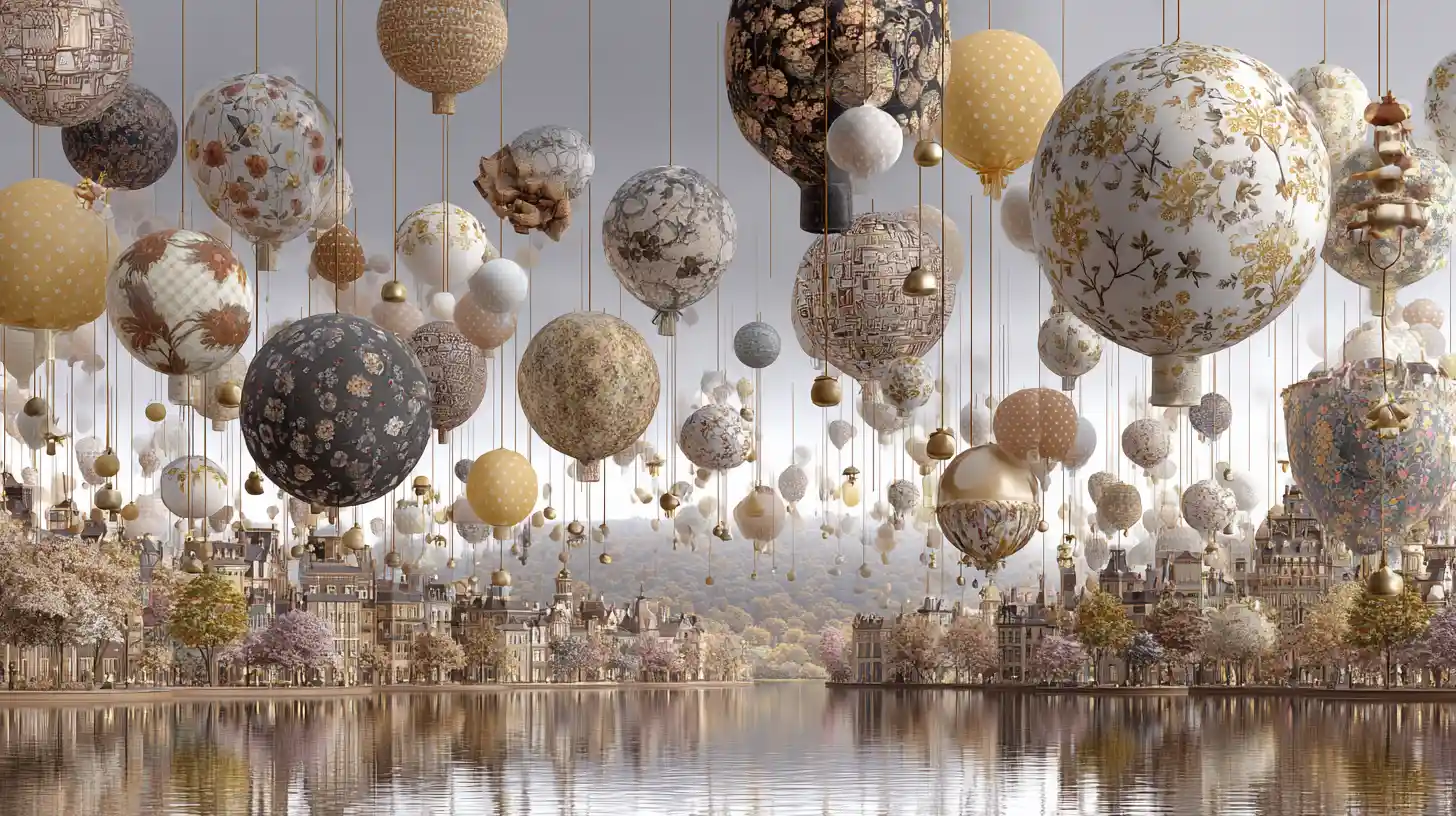 Floating fabric balloons above a quiet reflective town