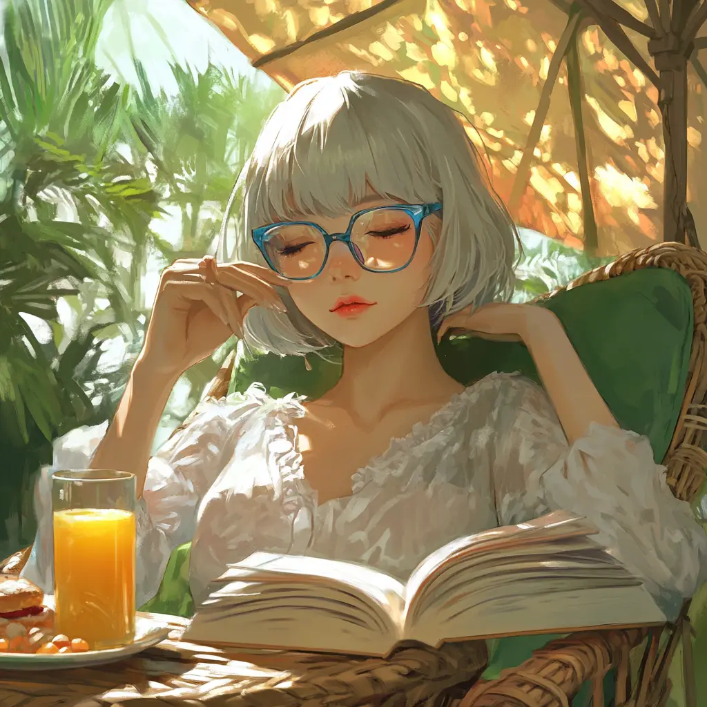 陽傘下藤椅花園中閱讀的女子